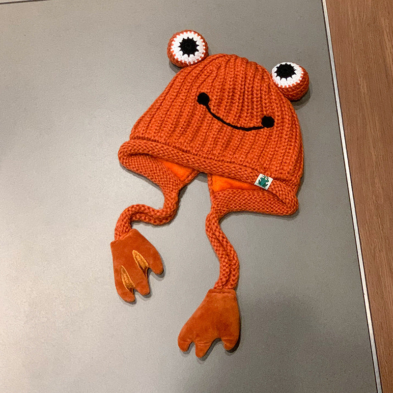 Wholesale Cute Frog Knitted Wool Hats with Plush Polyester Ear Protectors