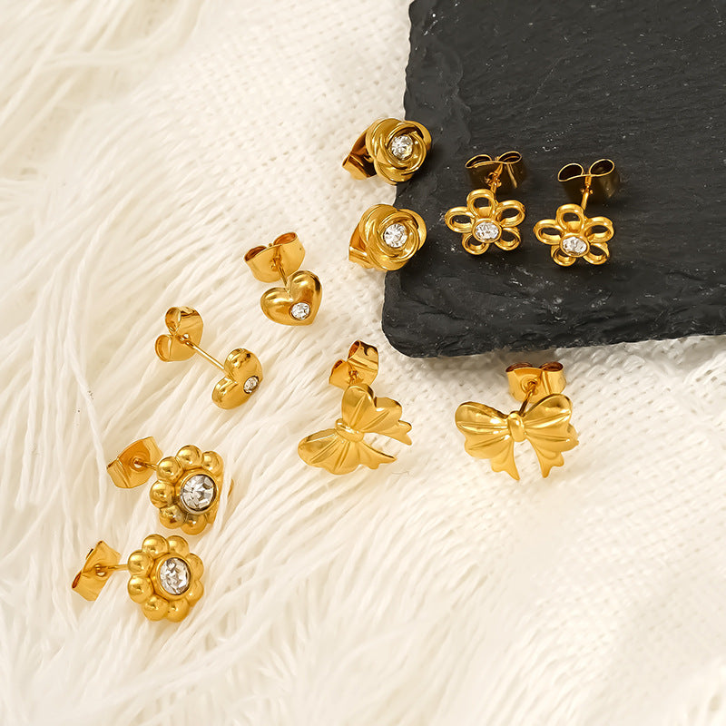 Wholesale Stainless Steel Heart Flower Hollow Zircon Bow Earrings