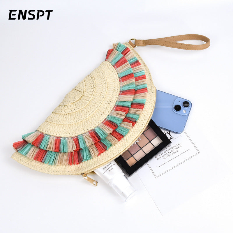 Wholesale Crossbody Hand-held Ethnic Style Summer Beach Tassel Straw Bag