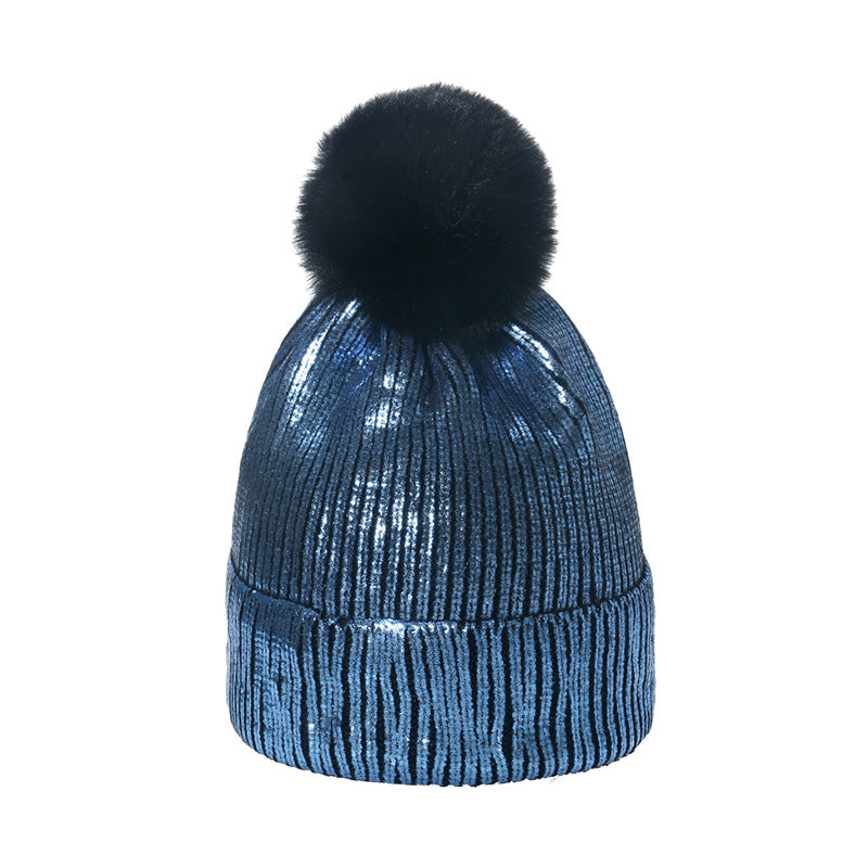 Wholesale Gold Stamping Wool Colorful Metal Hip-Hop Street Fur Ball Knitted Hat