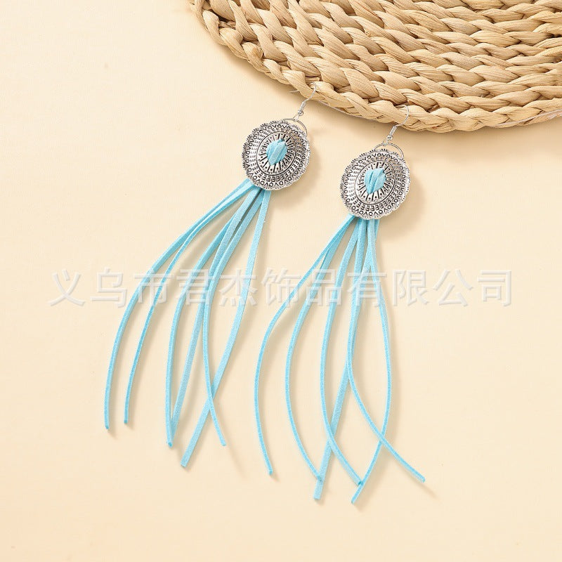 Wholesale Vintage Long Leather Tassel Bohemian Earrings