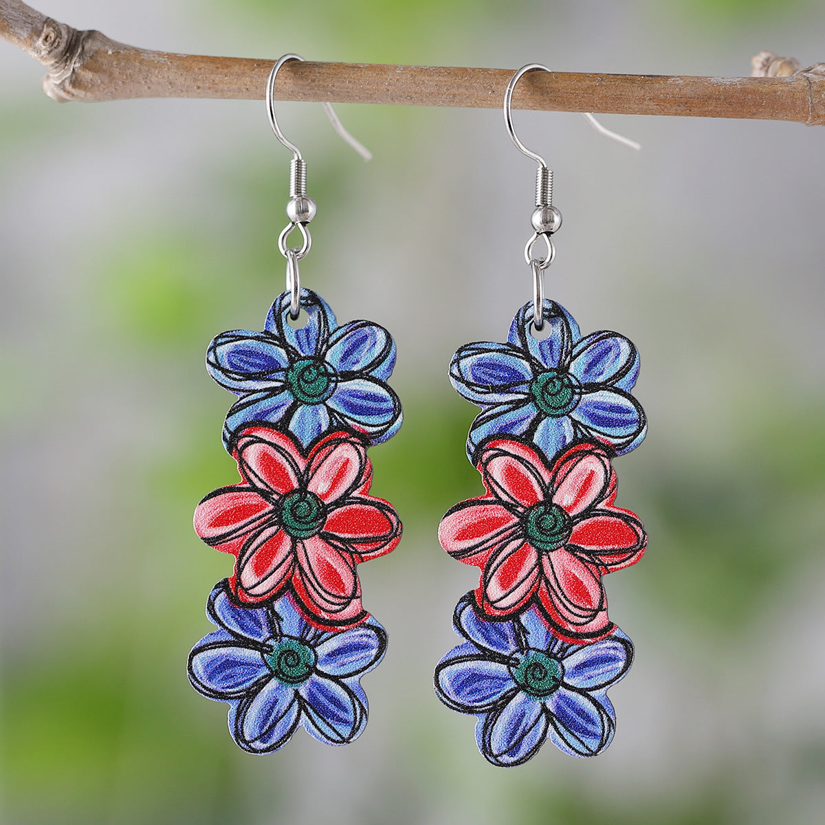 Wholesale Bohemian Color Flower  Wooden Double-Sided Earrings