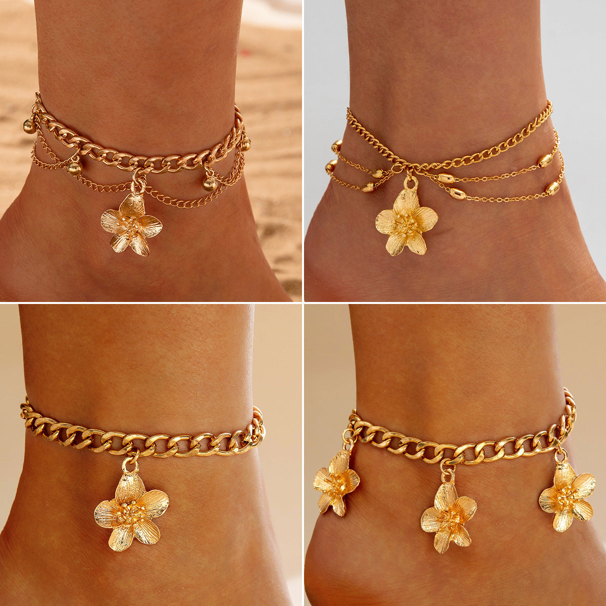 Wholesale Stylish 3D Five Petal Flower Anklet For Women Alloy Foot Chain Boutique Resale Jewelry Accessory
