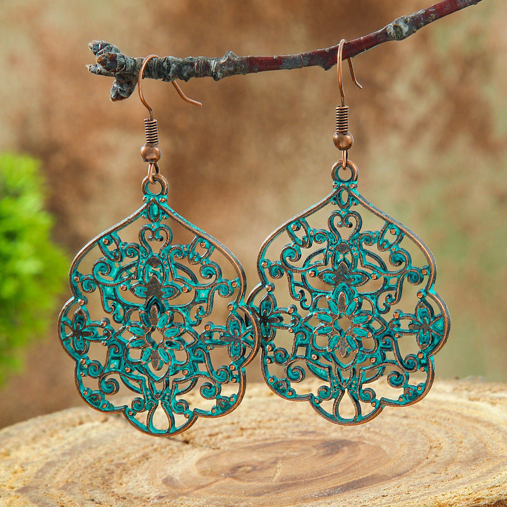 Wholesale Stylish Bohemian Hollow Out Alloy Earrings Retro Geometric Leaves Design Drop Earrings For Women Trendy Fashion Jewelry Accessory
