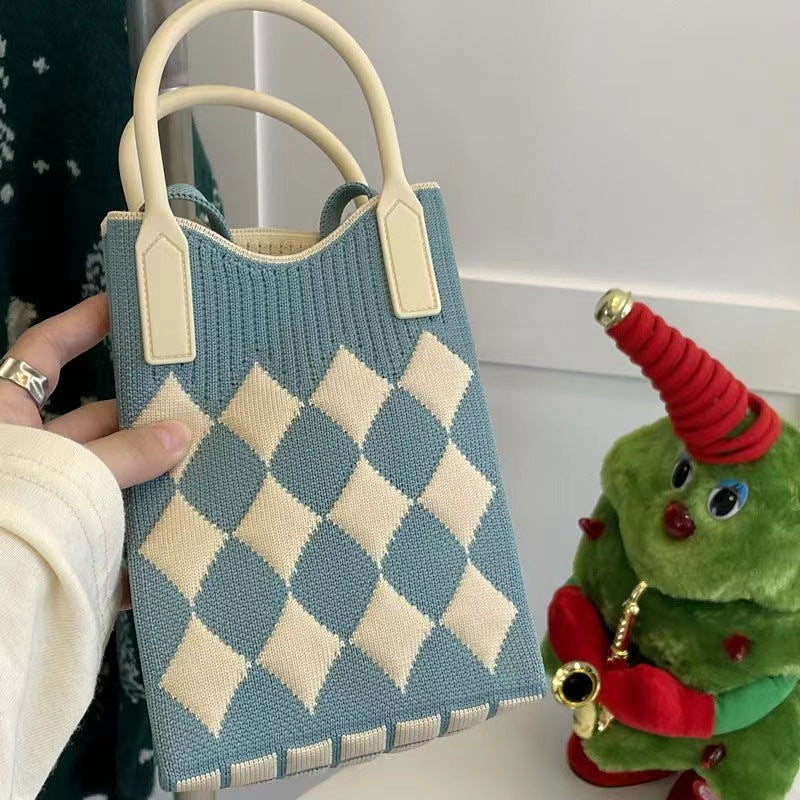 Wholesale Candy Color Mobile Phone Bag Large Capacity Diamond Check Knitted Bag