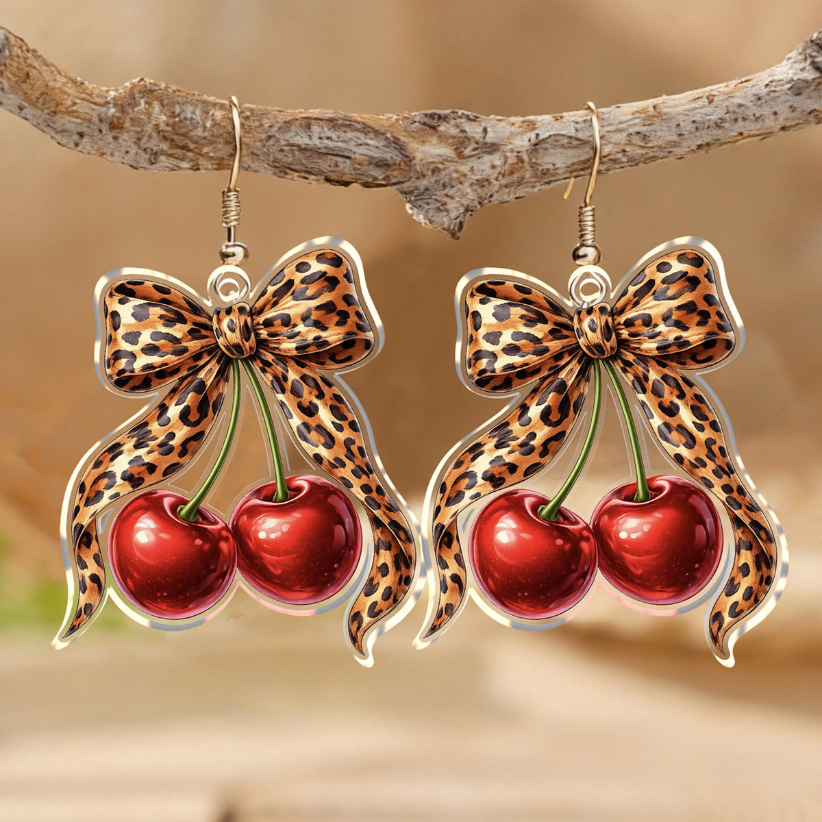 Wholesale Acrylic Leopard Print Bowknot Cherry Pendant Earrings Western Style Everyday Fashion Accessory For Boutique Resale