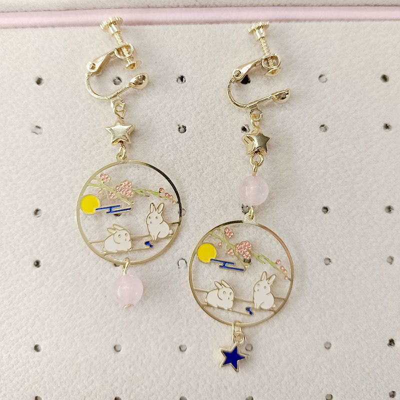 Wholesale Moonlit Cute Rabbit Asymmetric Long Earrings