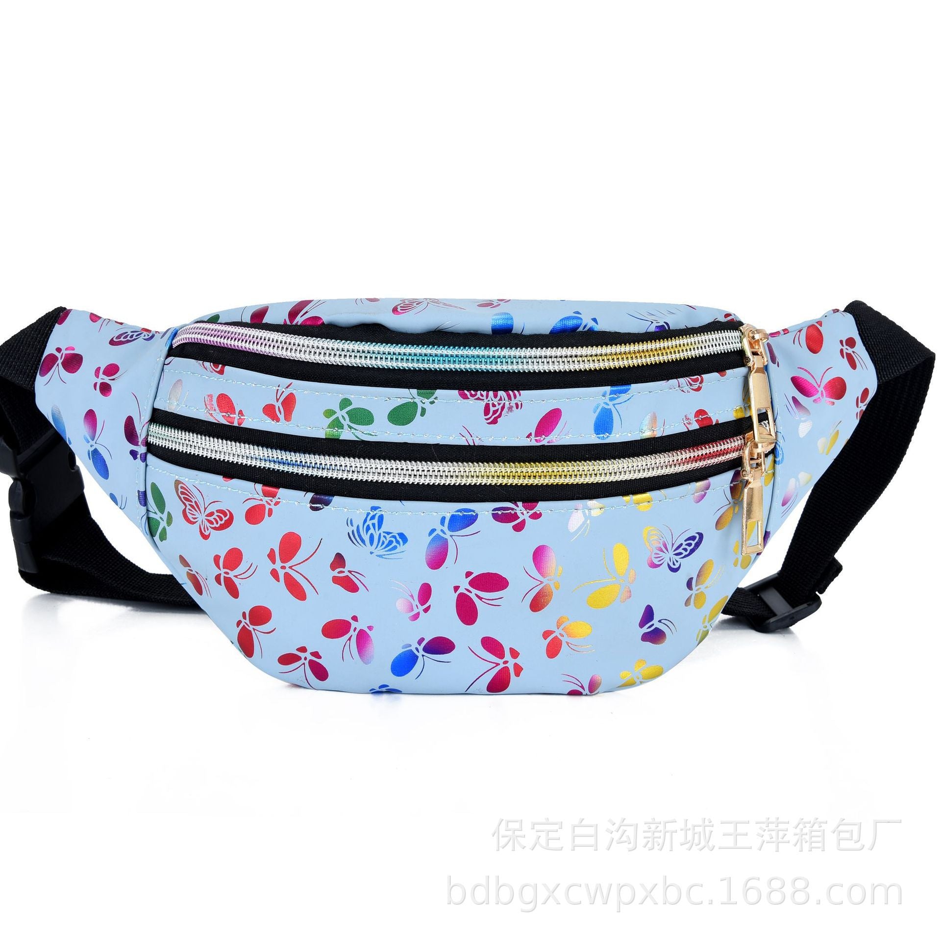 Wholesale Double Zipper PU Waist Bag Colorful Butterfly Print Chest Bag Crossbody Bag