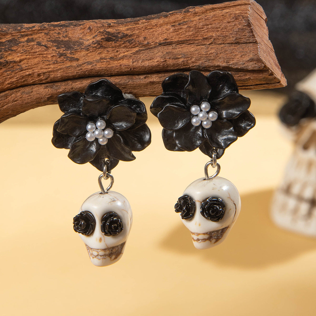 Wholesale Dark Skull Black Camellia Earrings  Funny Fun Earrings Earrings Women