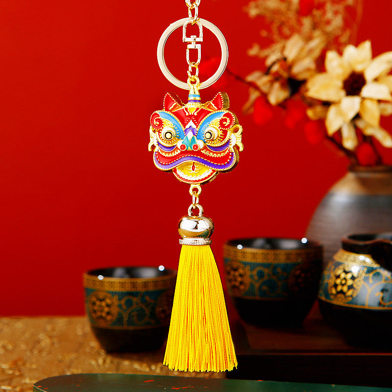 Wholesale Metal Chinese Style Lucky Lion Head Tassel Car Keychain Sapphire Blue Rhinestone Gift For Men Women