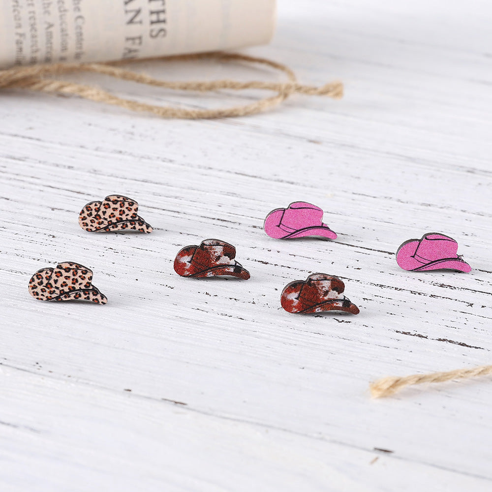 Wholesale Western wind leopard print turquoise patterned denim hat wooden ear stud set