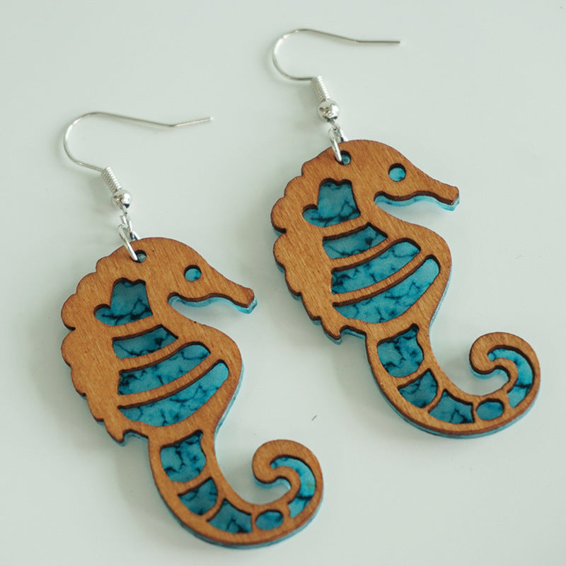 Wholesale 2 Pairs/Pack Summer Ocean Style Seahorse Butterfly Turtle Wooden Earrings