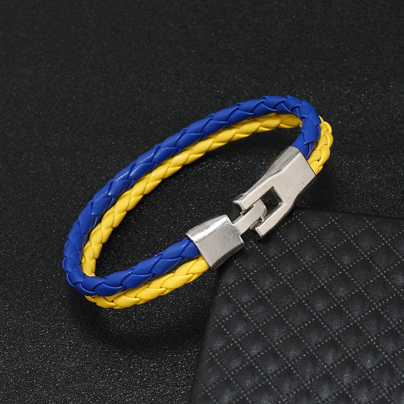 Wholesale Blue Yellow Color Block National Flag Color Woven Leather Bracelet