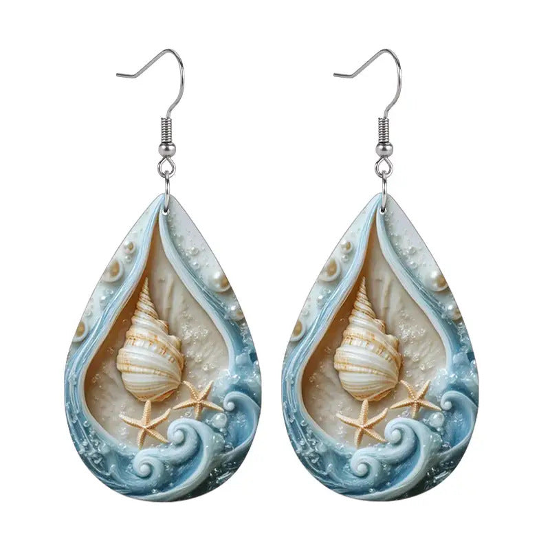 Wholesale Ocean-style double-sided water drop PU leather earrings