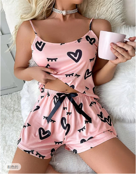 Wholesale Heart Print Suspender Shorts Pajamas