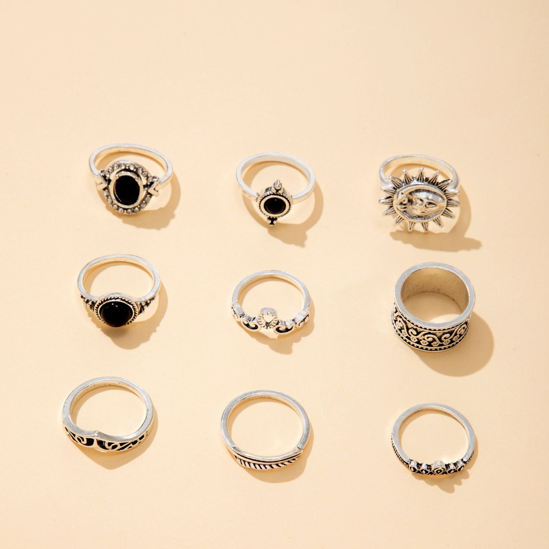 Wholesale Vintage carved sun feather cross black gemstone ring set