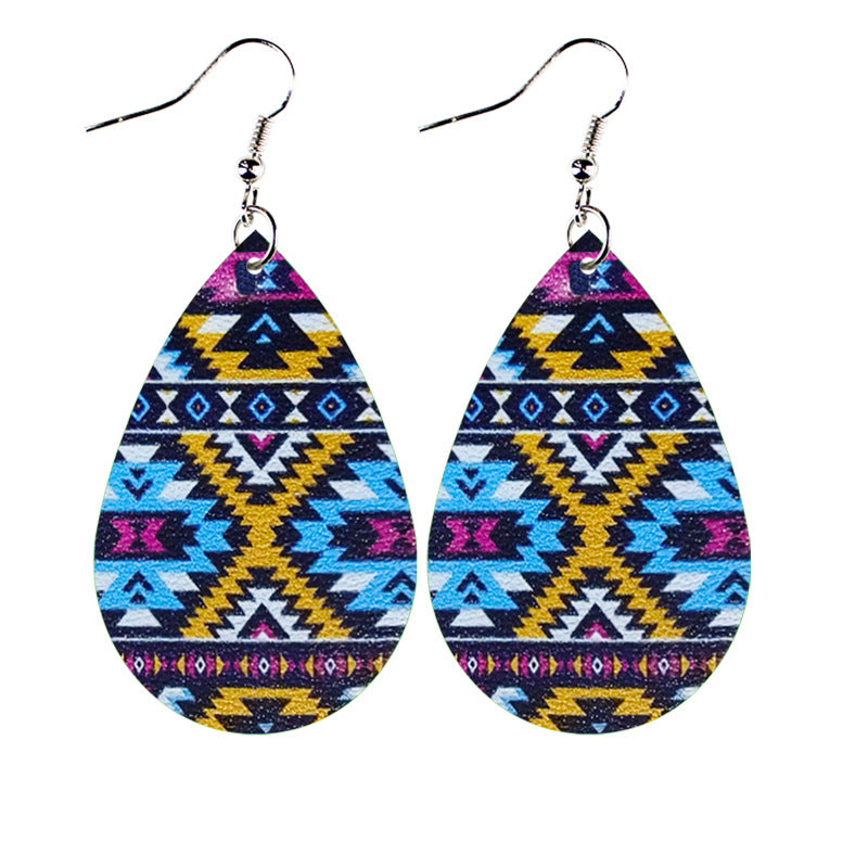 Wholesale Western Style Ethnic Totem Pattern Striped Leather Drop Shape Women's Earrings