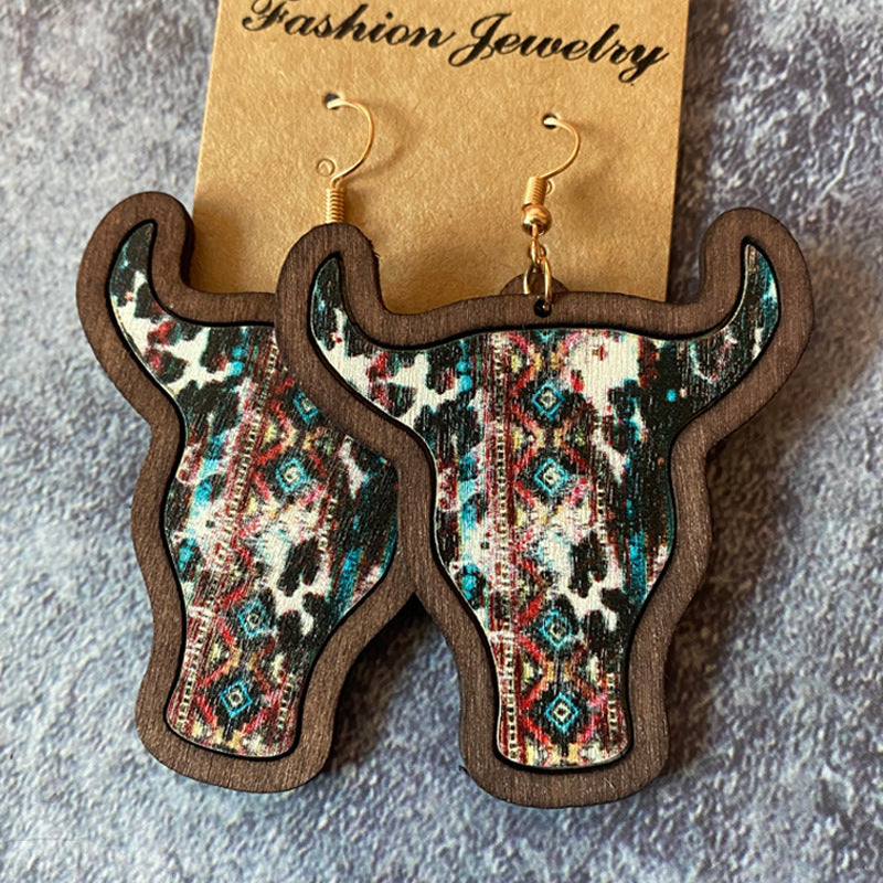 Wholesale Western Bull Head Inlaid Vintage Wood Earrings