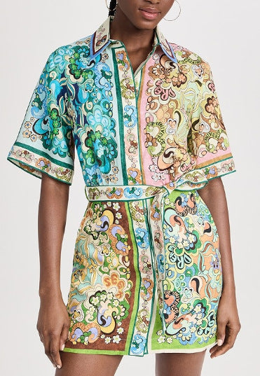 Wholesale Cotton Linen Flower Printing Lace Up Women Clothes