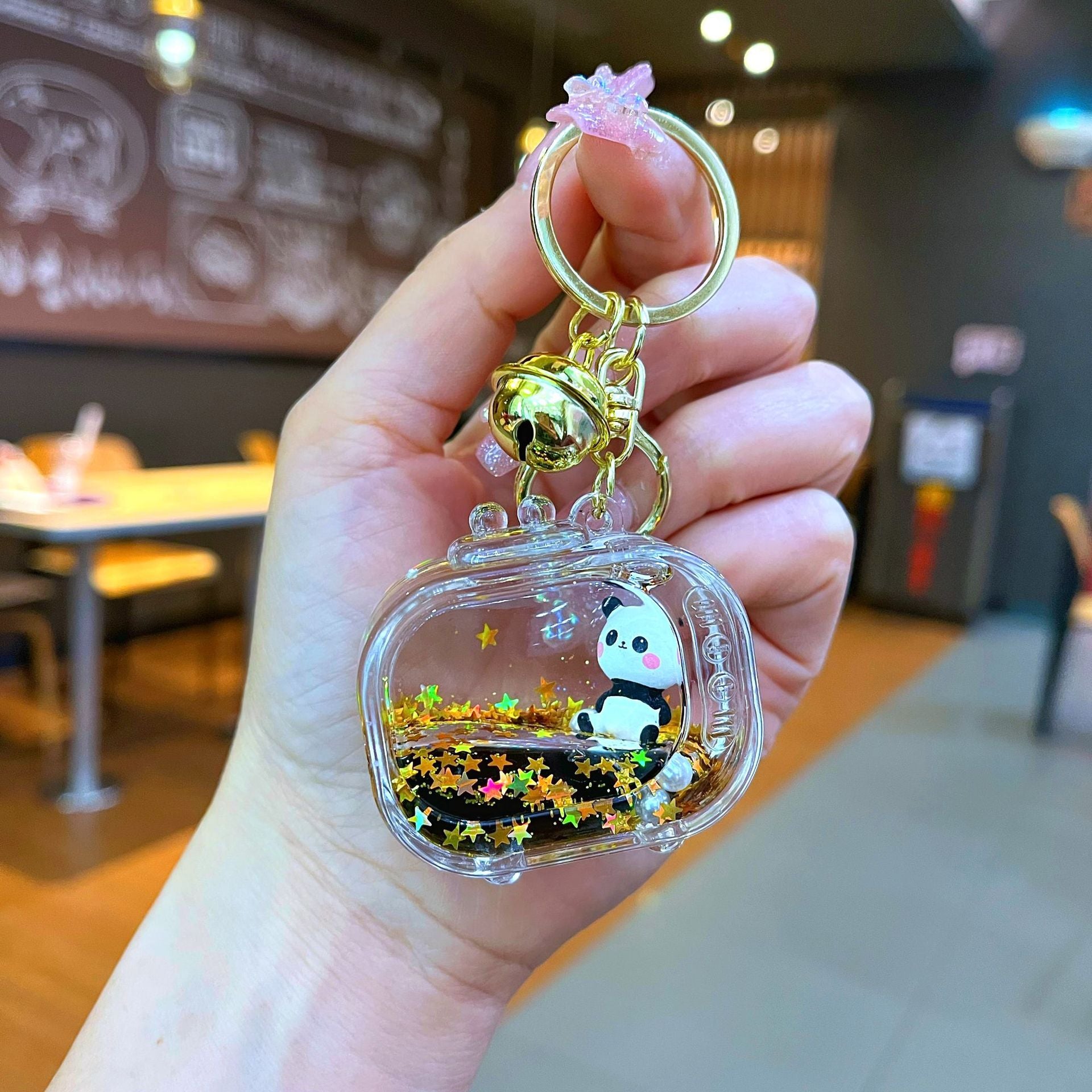 Wholesale Black gold floating cartoon cute panda Liquid Keychains