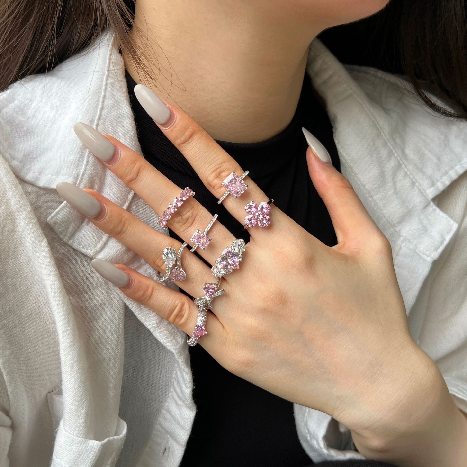 Wholesale S925 Sterling Silver Lucky Four-leaf Clover Bow Heart Pink Ring