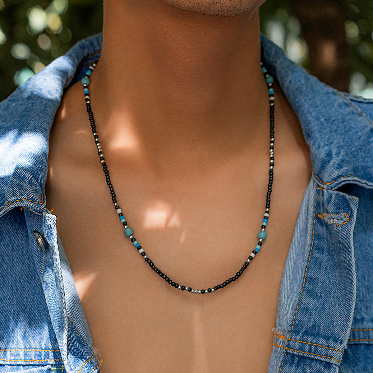 Wholesale Bohemian rice bead necklace men's turquoise clavicle necklace