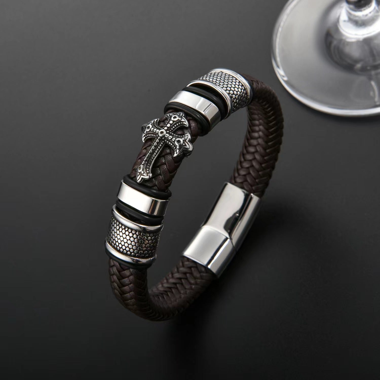 Wholesale Punk Braided Cross Men's Leather Bracelet