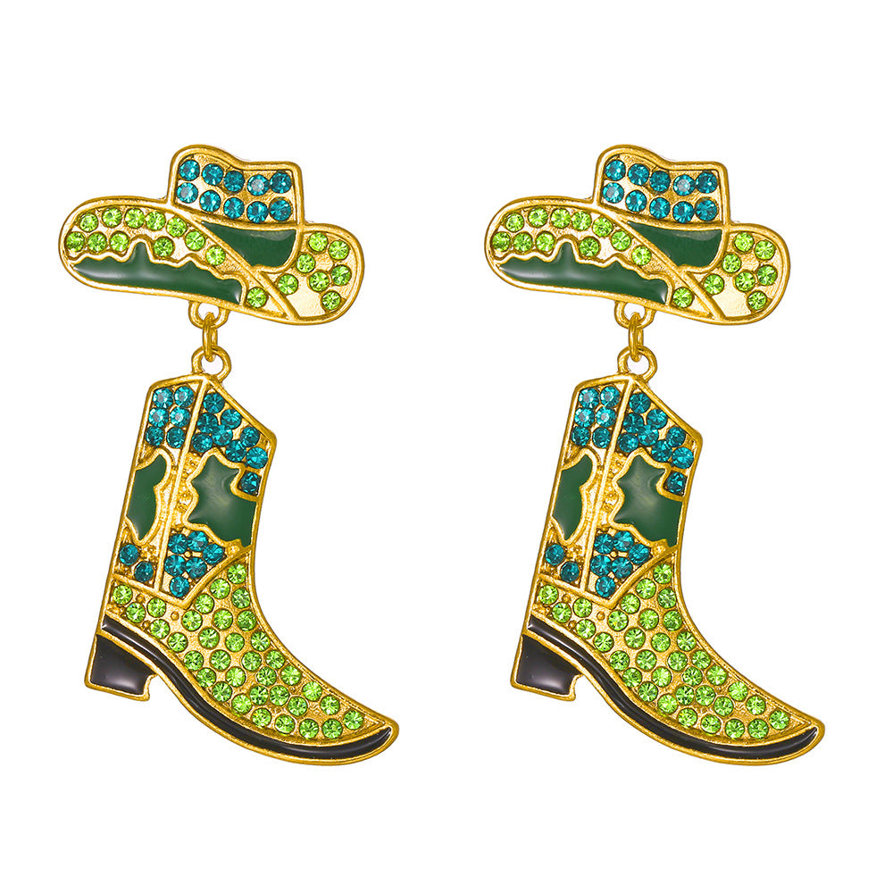 Wholesale Alloy Drop Oil Diamond Studded Western Cowboy Hat Boots Earrings