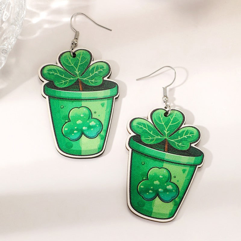 Wholesale St. Patrick's Day Heart Green Lucky Clover Earrings