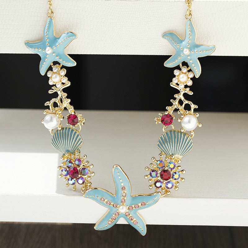 Wholesale Bohemian exaggerated color starfish shell pearl necklace clavicle chain