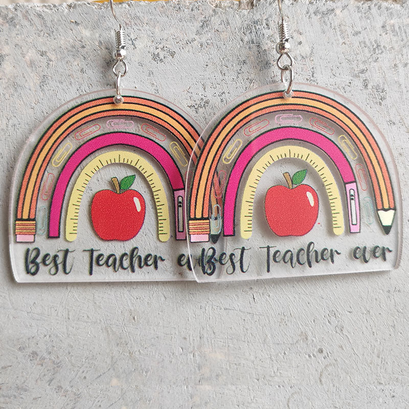 Wholesale rulers, pencils, apples, rainbow leopard print acrylic earrings, teacher gifts
