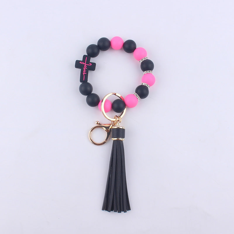 Wholesale Cartoon Silicone Cross Bead Tassel Wrist Keychain