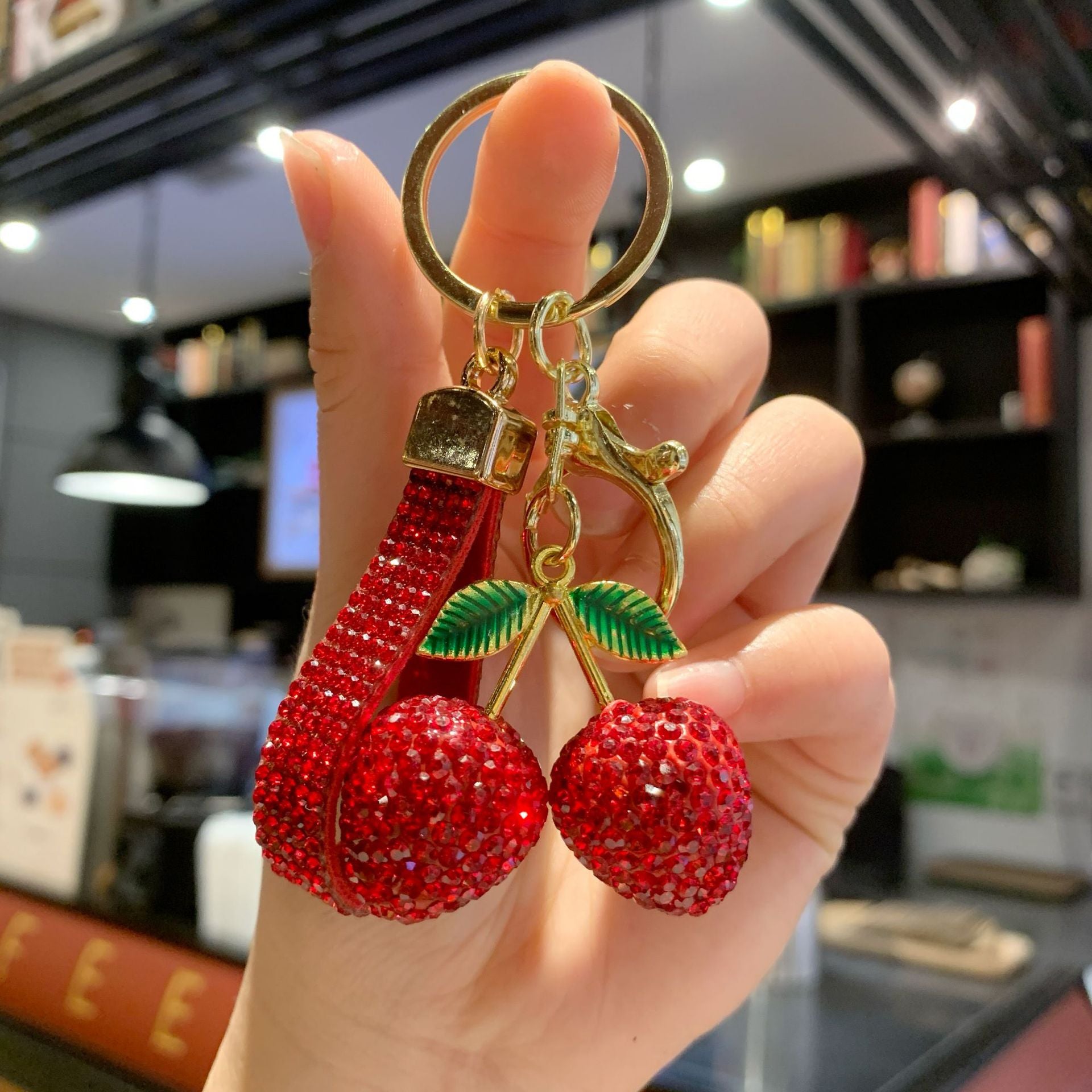 Wholesale Clay Full Rhinestone Heart Cherry Lanyard Keychain