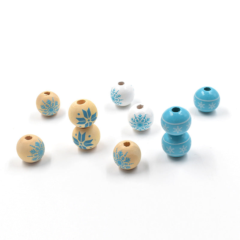 Wholesale 10pcs  Christmas Snowflake Wood Beads 16MM Colorful Printed Beads  Wood Beads