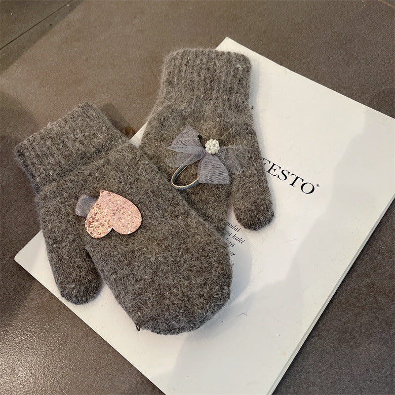 Wholesale Christmas Bowknot Peach Heart Bag Finger Cashmere Gloves