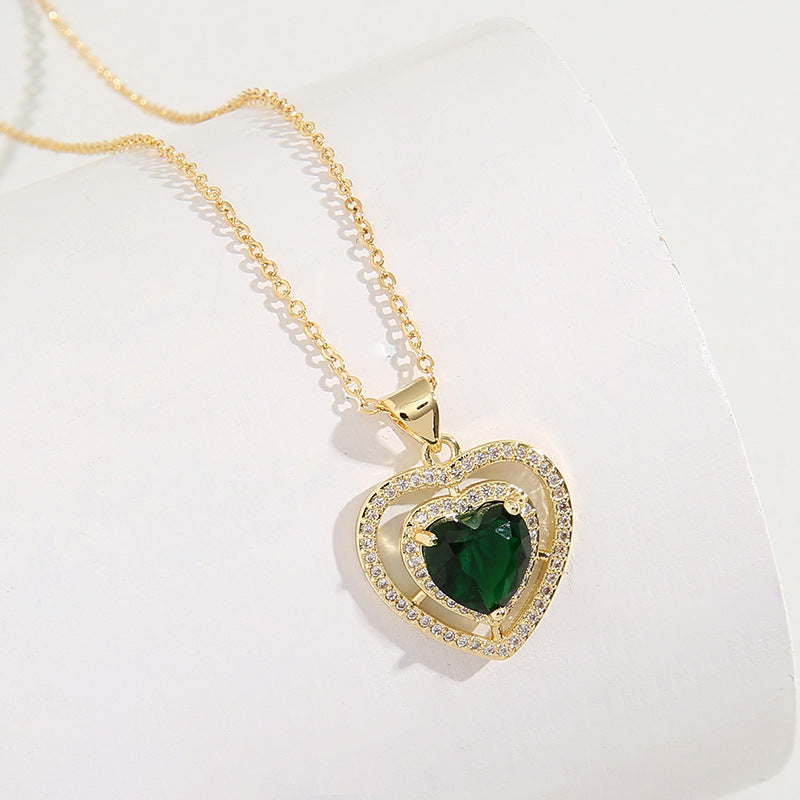 Wholesale Zircon Emerald Double Hearts Full Diamond Necklaces