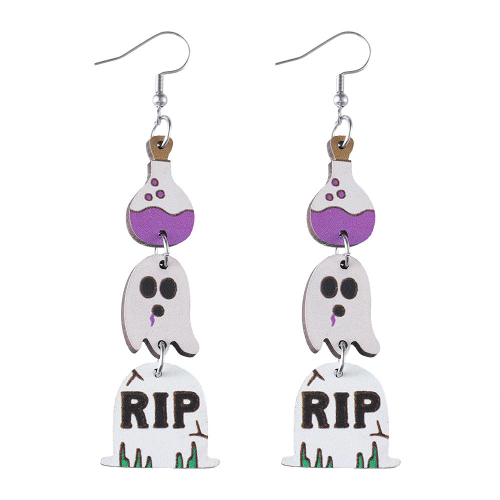 Wholesale Halloween Gothic Style Cute Ghost Tassel Stitching Wooden Double-sided Earrings