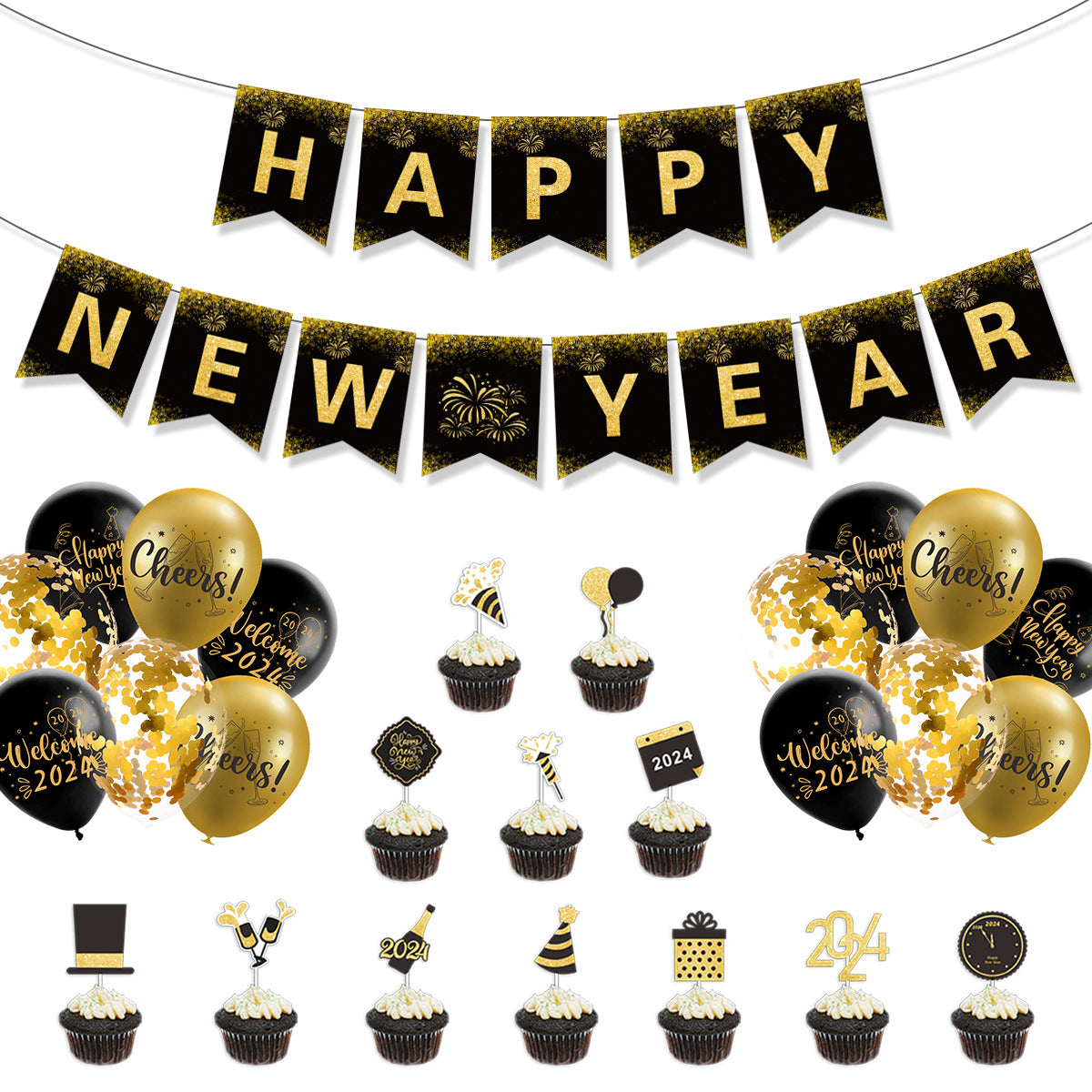 Wholesale 2024 Happy New Year Paper Flag Balloon Set