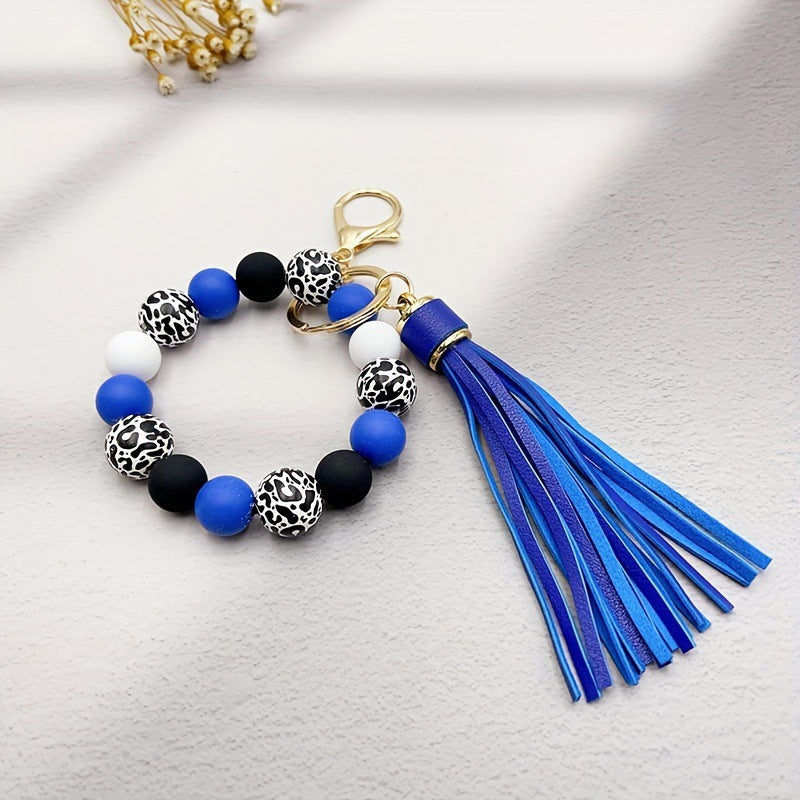 Wholesale 5pcs Leopard Print White Base Wood Beads Wristlet Keychain