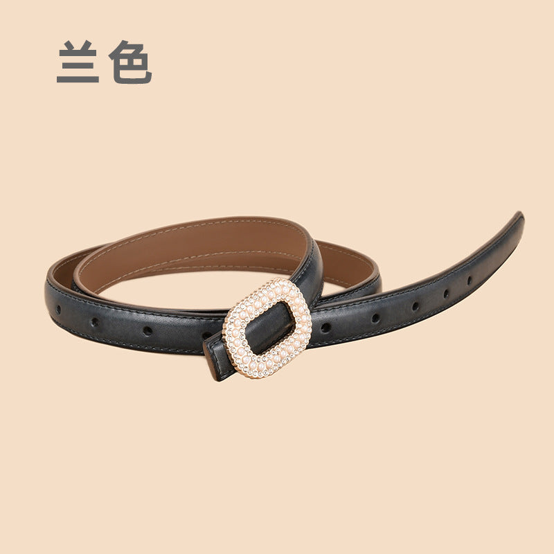 Wholesale Versatile Genuine Leather Belt with Round Buckle Inlaid with Pearls and Rhinestones