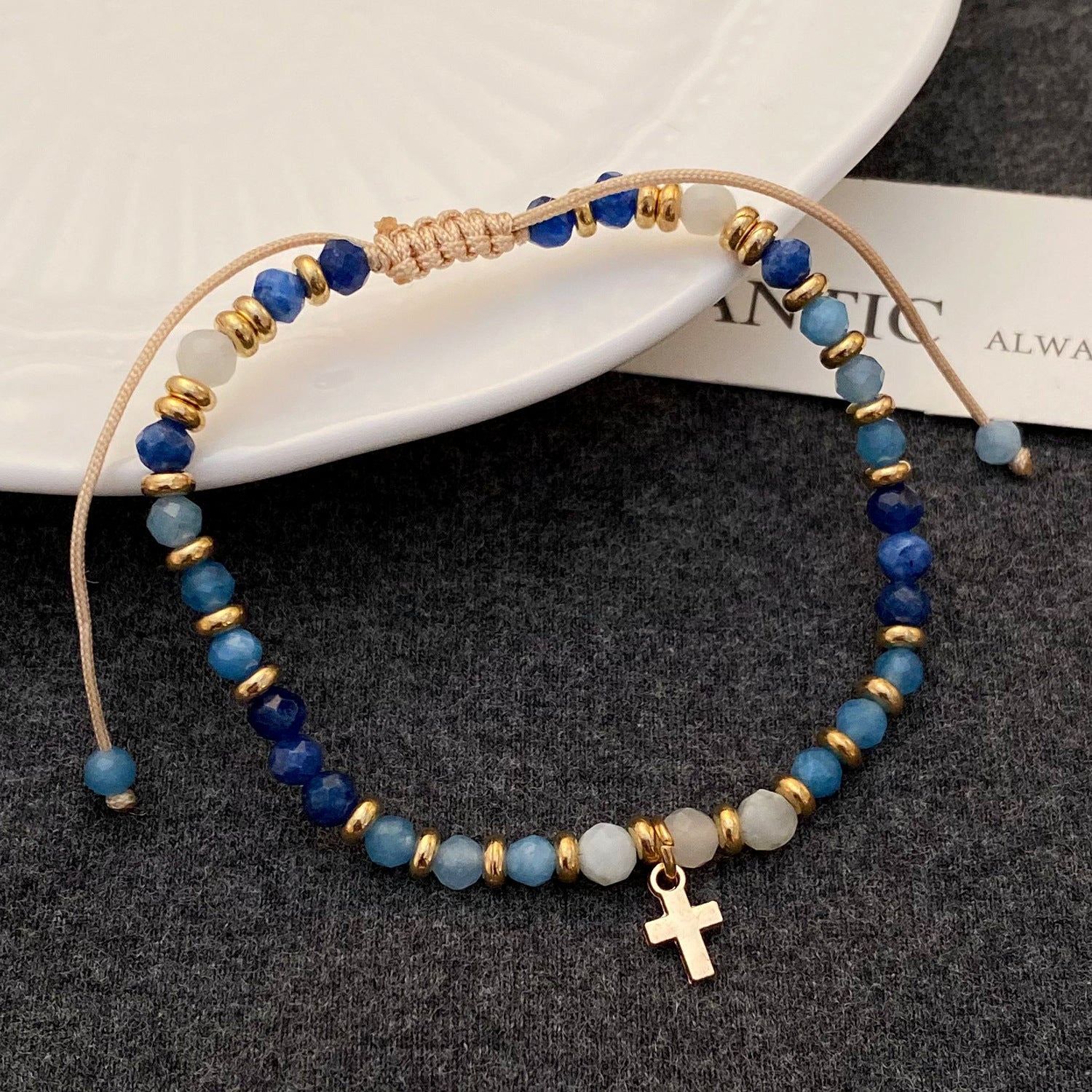 Wholesale Bohemian colored gemstone beaded cross bracelet braided pull-out hand jewelry