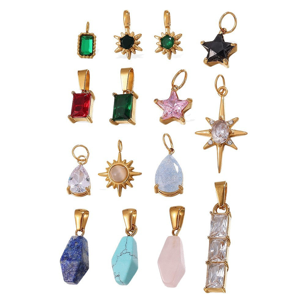 Wholesale Stainless steel 18K gold-plated geometric colorful gemstone rectangular star pendant necklace