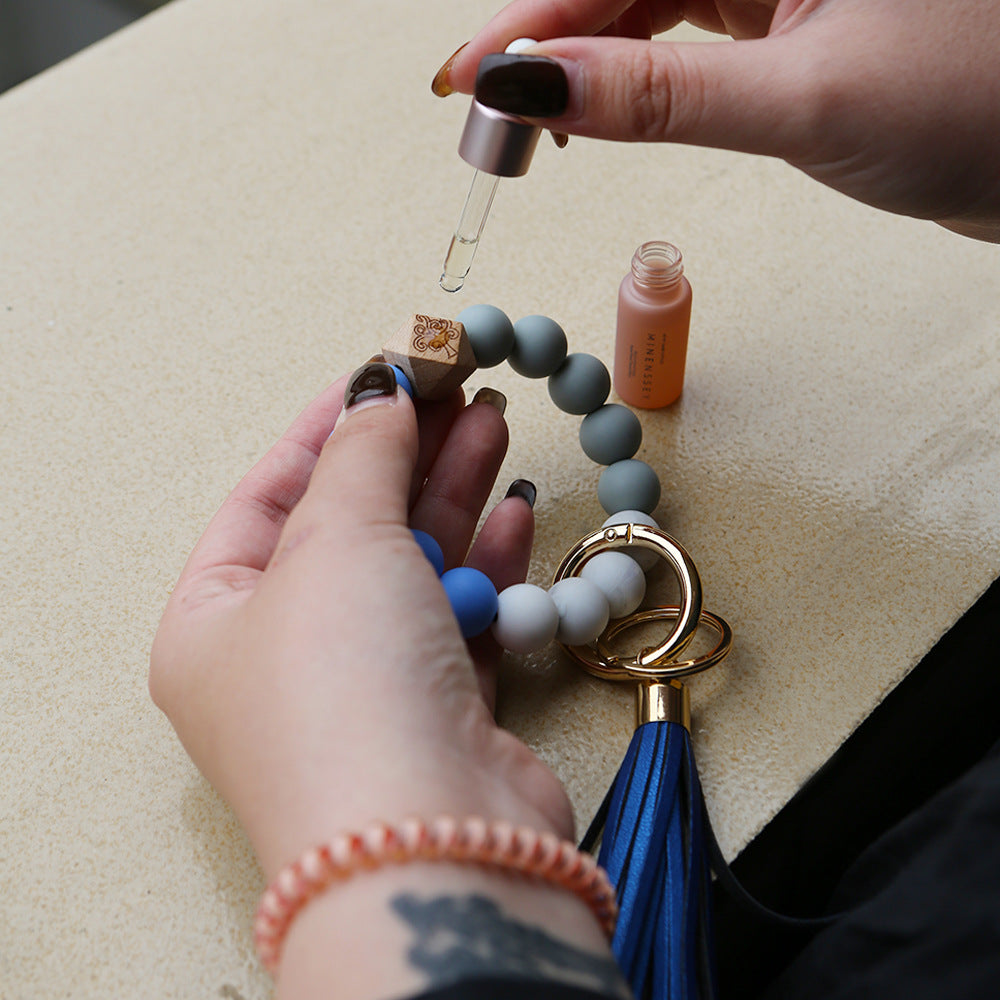 Wholesale PU Leather Food Grade Silicone Beads Tassel Wrist Keychain