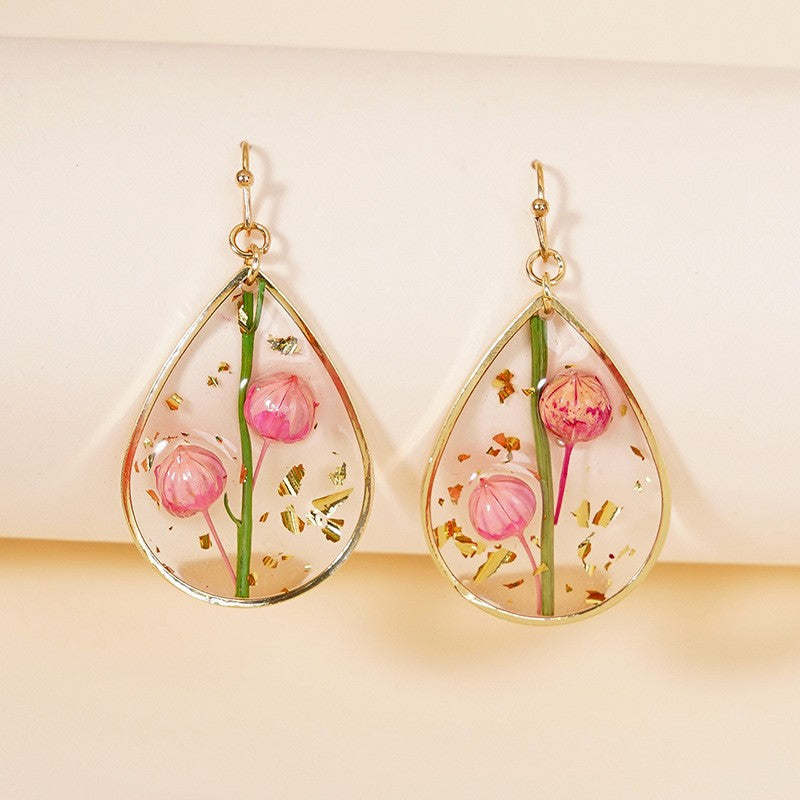 Wholesale Epoxy Leaf Eternal Red Dried Flower Earrings