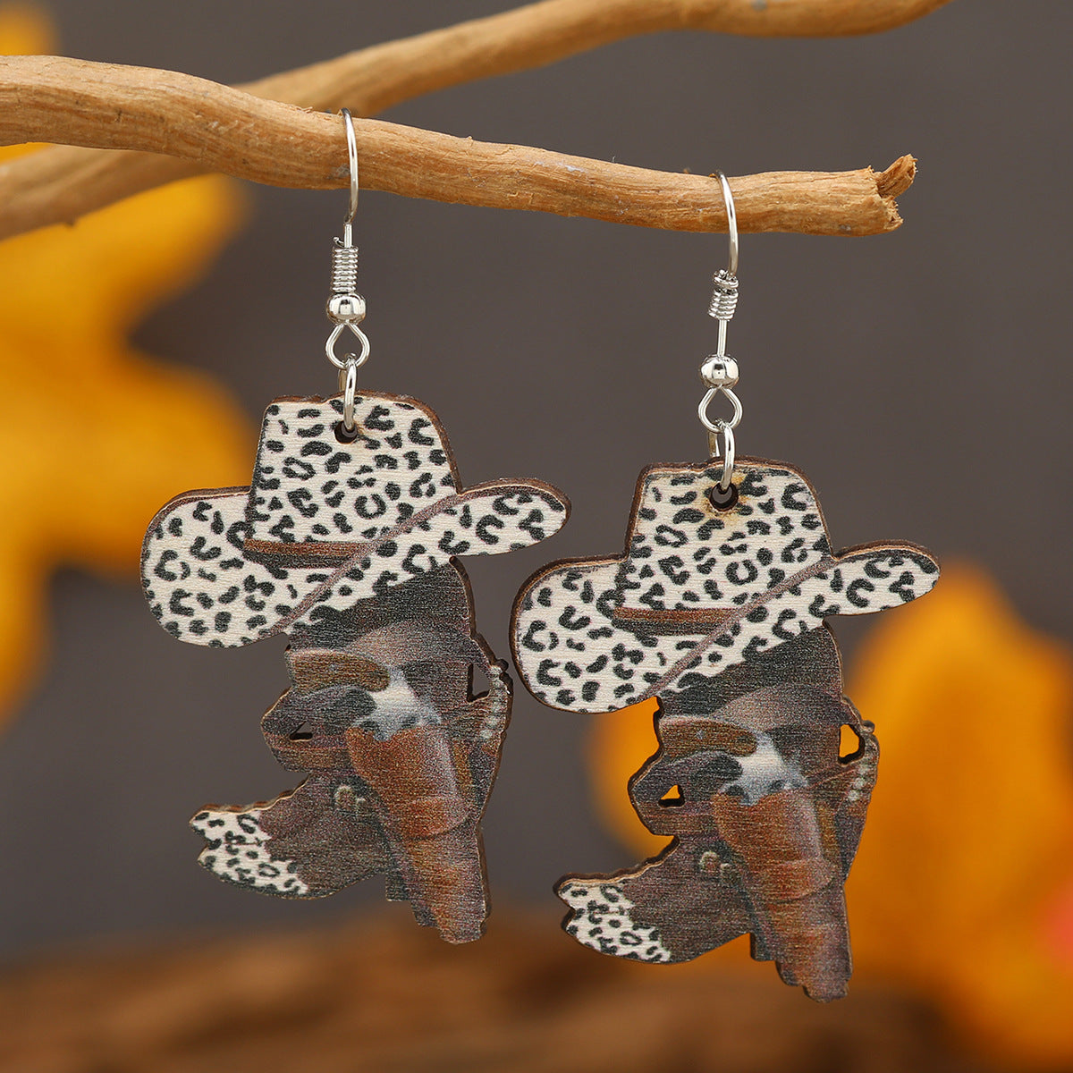 Wholesale Cartoon Sheep Head Cactus Boots Small Flame Cowboy Hat Shoes Wooden Painted Earrings