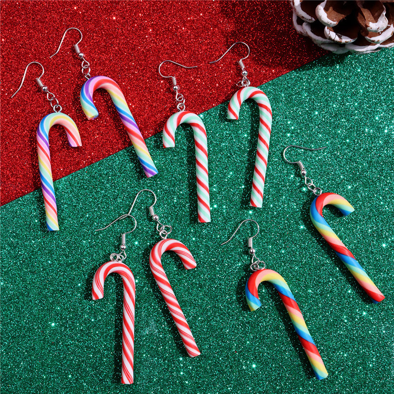 Wholesale Large Candy Cane Christmas Colorful Stripesd Rainbow Candy Pendant Earrings