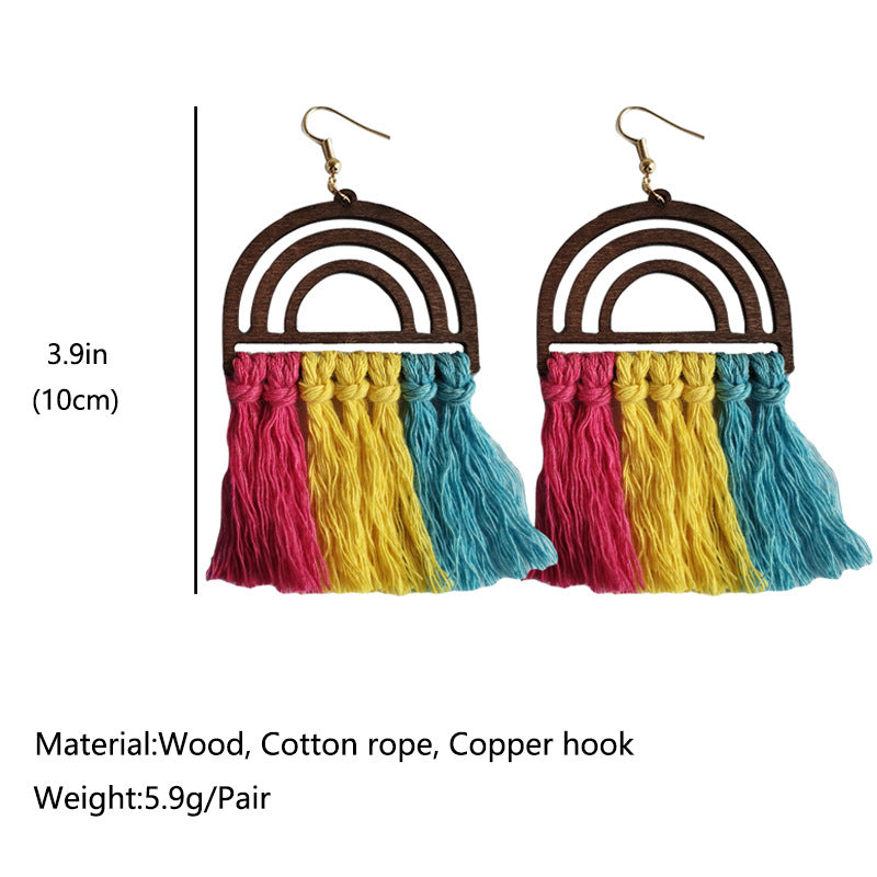 Wholesale LGBT Handwoven Wooden Rainbow Tassel Earrings