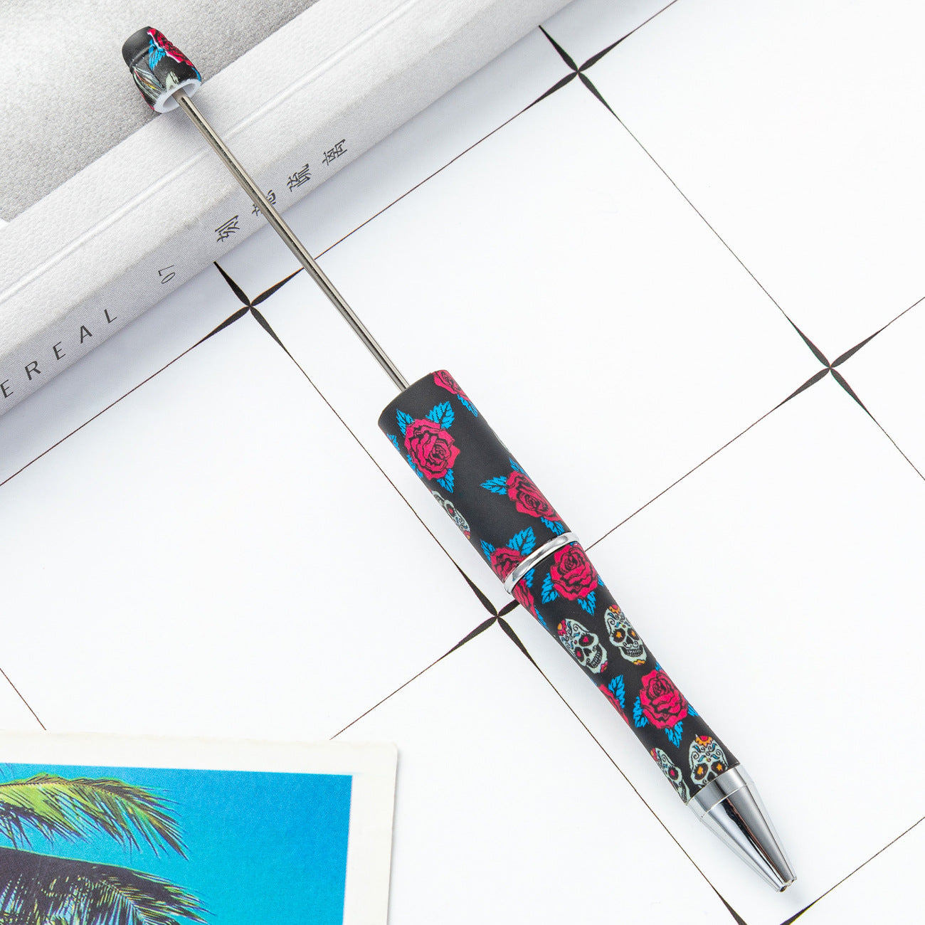 Wholesale Beadable Pens Skull Flower Print Plastic Pen DIY for Beaded