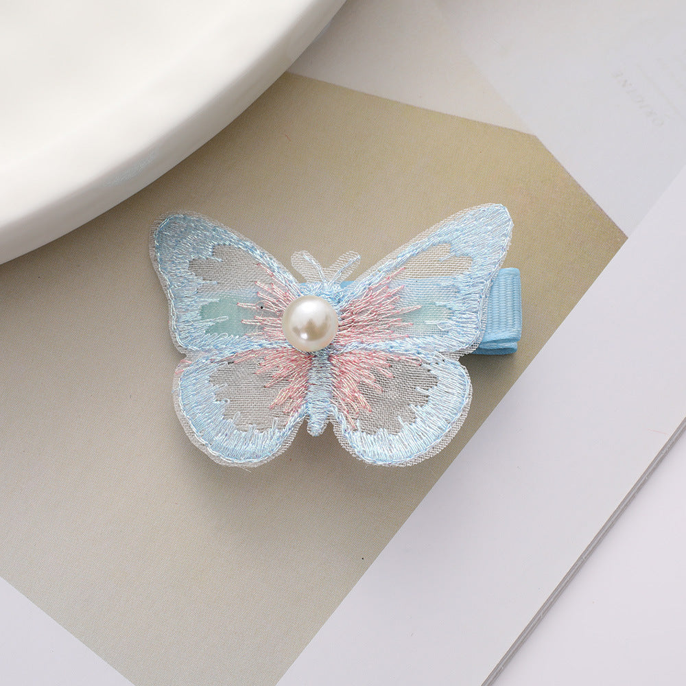 Wholesale fairy cute bangs clip phantom color double organza embroidery butterfly hair clip
