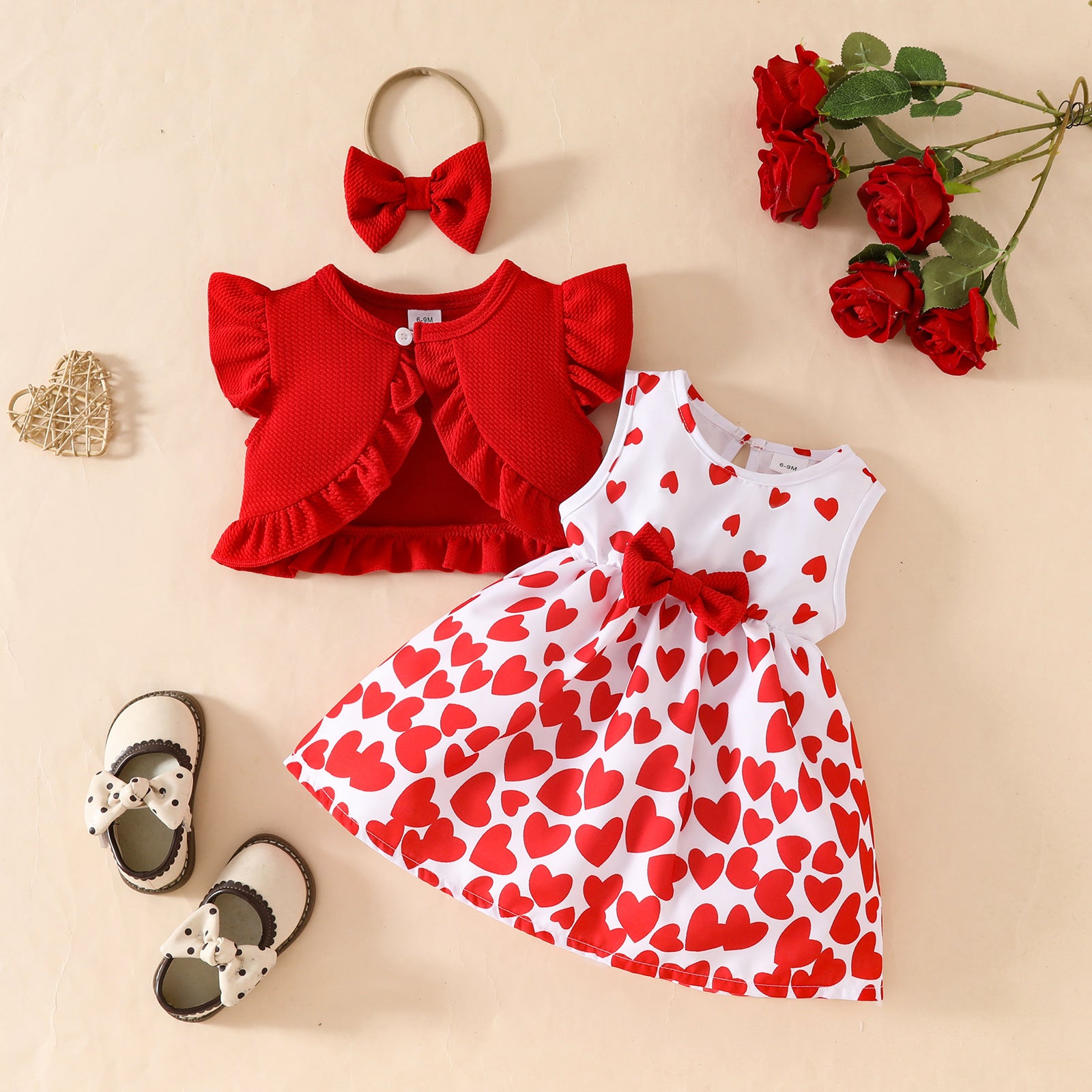 Wholesale Baby Girl Sleeveless Ruffle Short Jacket Sleeveless Heart Dress Hairband Set